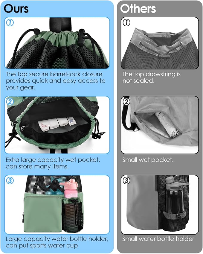 BROTOU Swim Bag Beach Backpack with Wet Pocket Mesh Drawstring Bags for Swimming, Gym