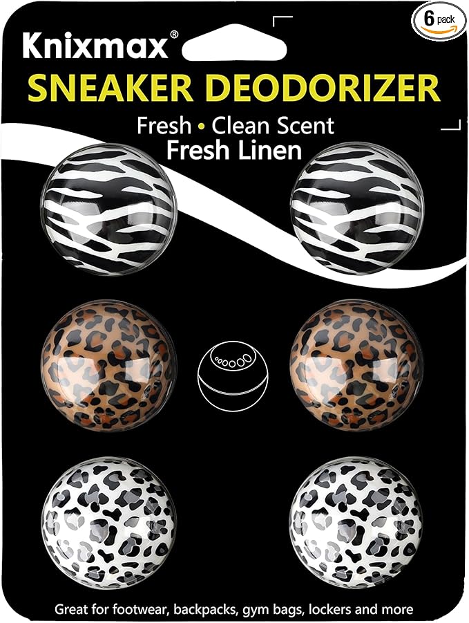 Knixmax Sneaker Deodorizer Shoe Freshener Balls, Boot Odor Eater Deodorizing Ball Sneaker Deodorants, Gym Bags Lockers Car Air Fresheners, 6 Packs Fresh Linen Leopard