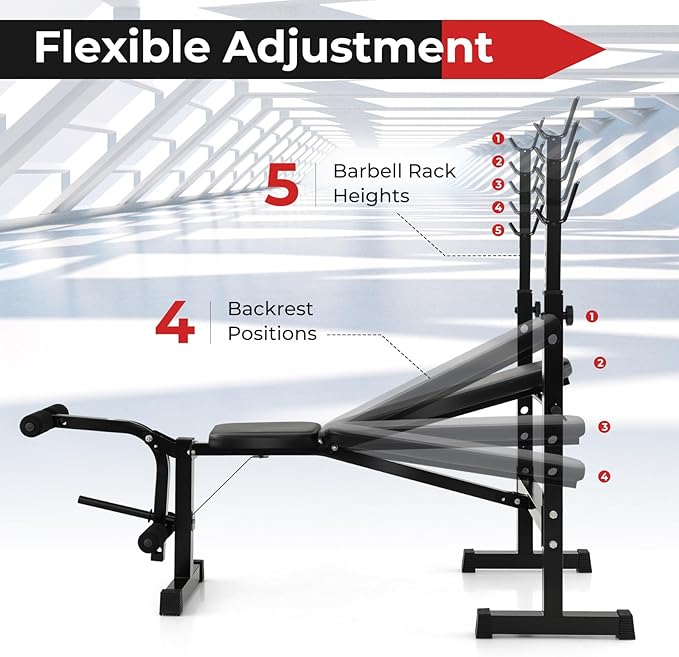 GYMAX Adjustable Weight Bench, Foldable Weight Bench with Squat Racks, Leg Extension & Leg Curl, Strength Training Workout Bench Press, Olympic Weight Lifting Bench Set for Home Gym