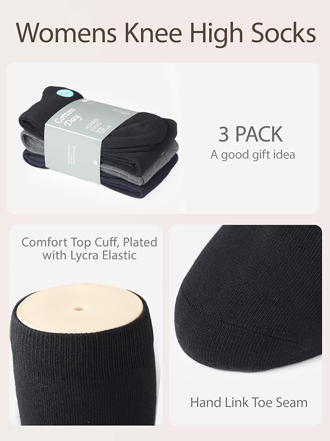 COTTON DAY Women's Soft Combed Cotton Knee High Long Calf Dress Socks Seamless Toe Black White Gray Navy Blue Brown