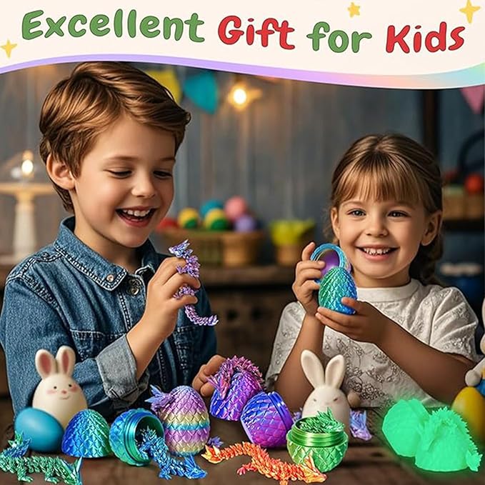4 Pcs 3D Printed Dragon Egg, 3D Printed Dragon with Egg,Unique 3D Printed Dragon Eggs with 8.7 inch Dragon & 3.35 inch Egg for Flexible Stress Relief Pet Sculpture Easter Basket Filler.