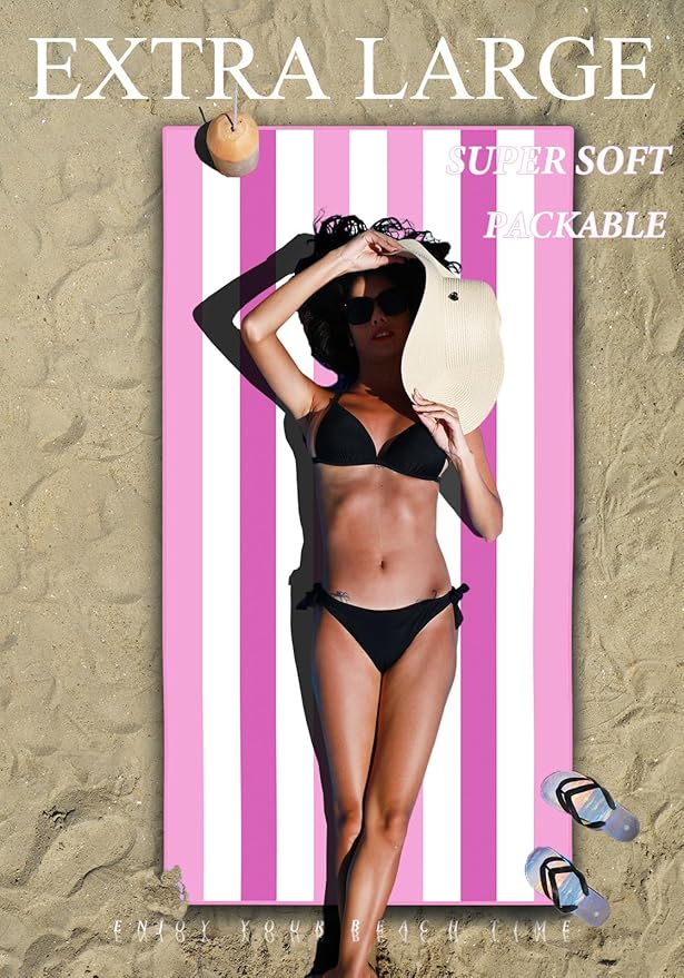 2 Pack Microfiber Lightweight Thin Beach Towel Sand Free Quick Dry Super Absorbent Large Towels for Swimming Pool Yoga Gym Travel Vacation Beach Accessories Essentials Stripes