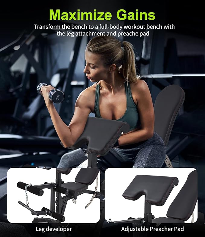 Adjustable Weight Bench for Home Gym, Decline Flat Incline Bench with Leg Extension & Preacher Curl Attachment for Bench Press, Sit Up, Leg Curl & Ab Workout