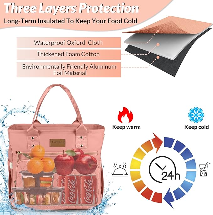 EASYA Large Women Lunch Bags for Work Insulated/Insulated Adult Lunch Box for Women/Nylon Thermal Lunch Bag for Women/Cooler Lunch Tote Bag (Pink color)