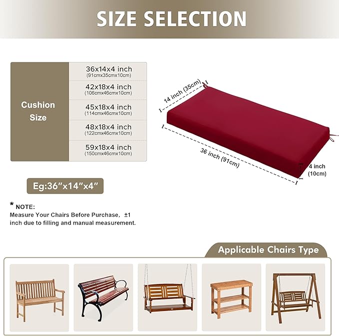 Outdoor Bench Cushion Waterproof 42"x18" – Fade-Resistant Patio Furniture Cushion with Ties for Porch Swing, Loveseat, or Indoor Bench Replacement, Burgundy