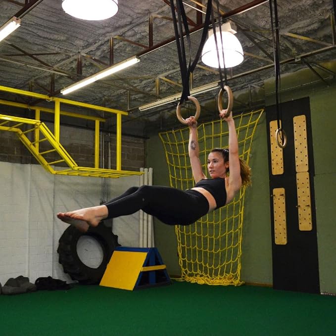 Titan HD Wall Mounted Pull Up Chin Up Bar with 8 in. Wood Olympic Gymnastic Rings - 1.5 in. W Heavy Duty Thick Straps &