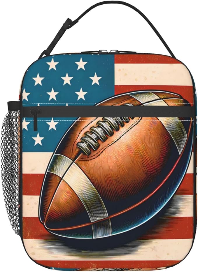 Football Polyester Lunch Box for Kids Teen,American Flag Reusable Thermal Lunch Bag for Adult Women,Sport Insulated Tote Cooler Bags for School,Work,Picnic,Travel,Stars and Stripes Theme