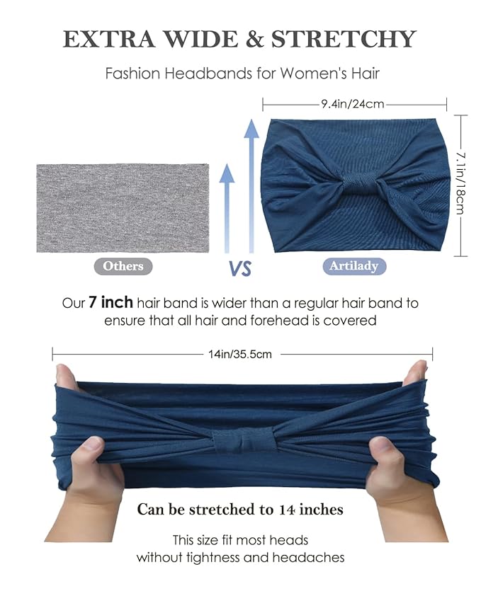 Artilady 7" Wide Headbands for Women Extra Large Stretchy Headwrap Soft Elastic Non Slip Head Bands Sports Yoga Running Hair Bands Boho Turban Hair Accessories 6 PCS