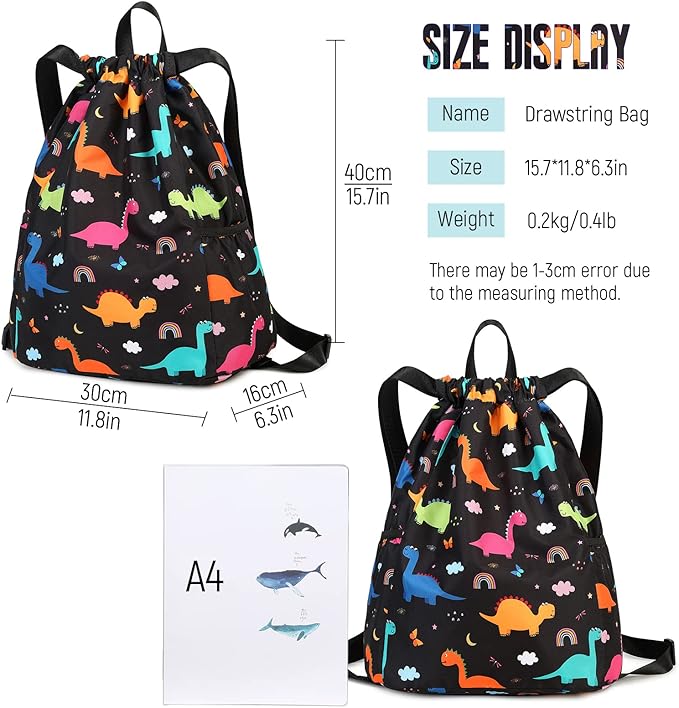 Cartoon Dinosaur Boys School Bag Lightweight Portable Dinosaur Gym Drawstring Bags for Travel Sport 40x30CM Rainbow Black