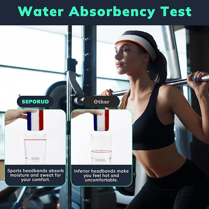 Sweatbands Sports Headband for Men & Women - Terry Cloth Moisture-Wicking Sports Towel Headband for Tennis, Basketball, Running, Gym, and Fitness Working Out