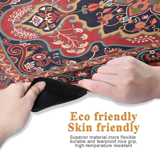 Kigai Yoga Mat Red Persian Design Fitness Mat Eco-Friendly Non Slip Portable Foldable Floor Workouts Mat for Pilates Home Gym Exercise Beach 70.8x26 inch