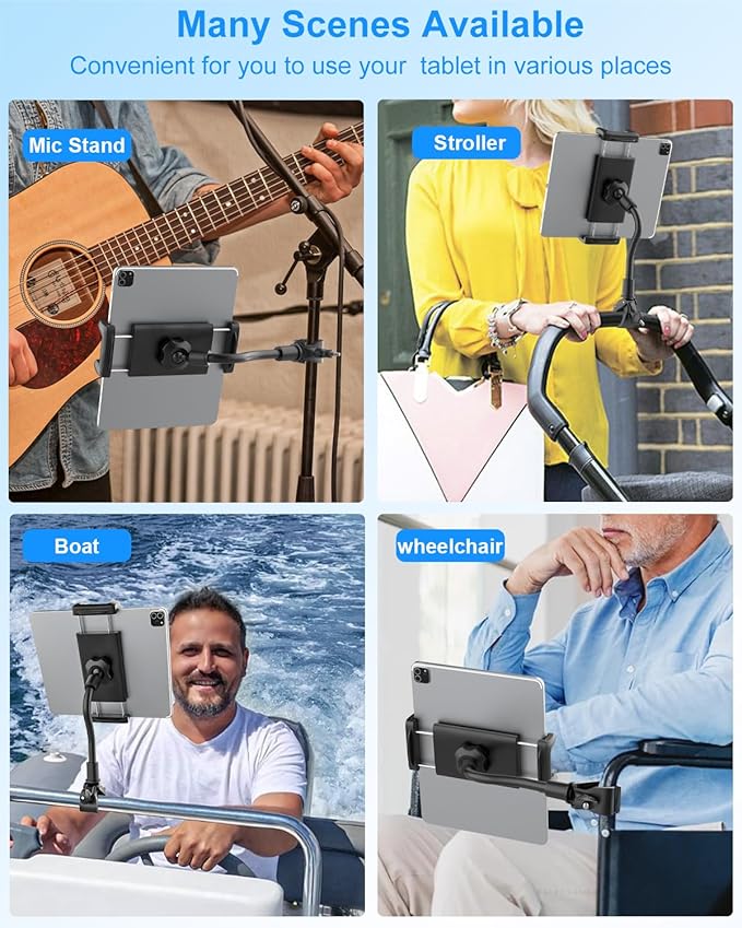 Gooseneck Tablet Holder for Spin Bike, Stationary Bicycle, Wheelchair, Treadmill, Indoor Bike, Peloton, Elliptical, Tablet Mount Clamp for iPad Pro, Air, Mini, Galaxy Tabs, 4.7-12.9" Tablets