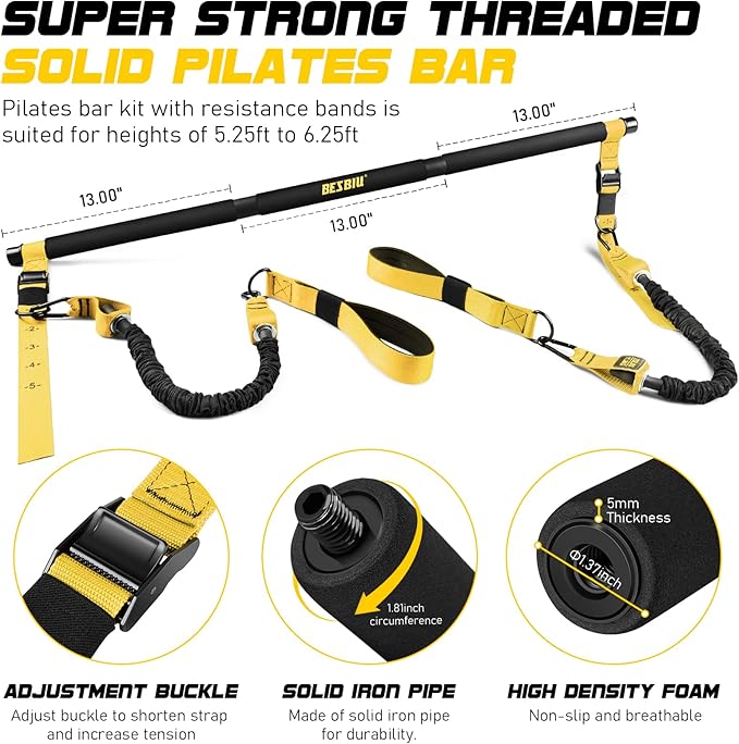 Pilates Bar Kit with Resistance Bands for Working Out, 210lbs Heavy Resistance Bands with Handles, Pilates Equipment with Resistance Band Bar for Men Women, at Home Gym Full Body Workout Equipment