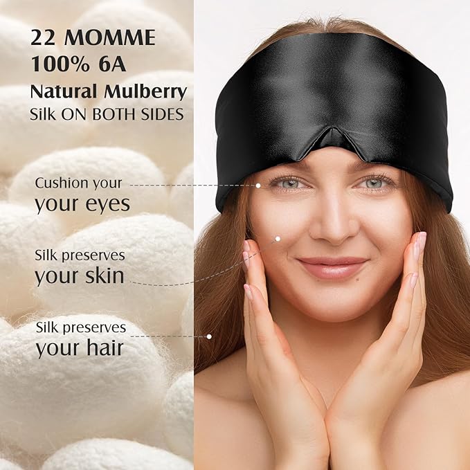 YFONG 100% Mulberry Silk Sleep Mask, Total Blackout Eye Mask for Women & Men, 22 Momme 6A Grade Silk with Adjustable Band Designed for Side Sleeper Black