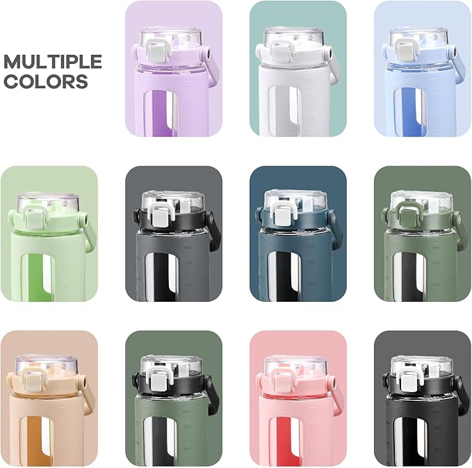 BLUEGO 40 oz Glass Water Bottles with Straw Time Marker, Glass Tumbler with Handle Top Lids, Easy to Clean, Fits in Car Cup Holder, Leakproof Jug for Gym, Sports, Workout & Daily, Olive