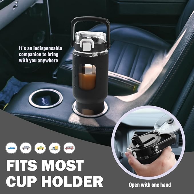 BLUEGO 32oz Glass Tumbler with Lid and Handle, Iced Coffee Cup with Straws, Glass Water Bottle with Silicone Sleeve and Volume, Marker Glass Cup with Time Marking, BPA Free, Black