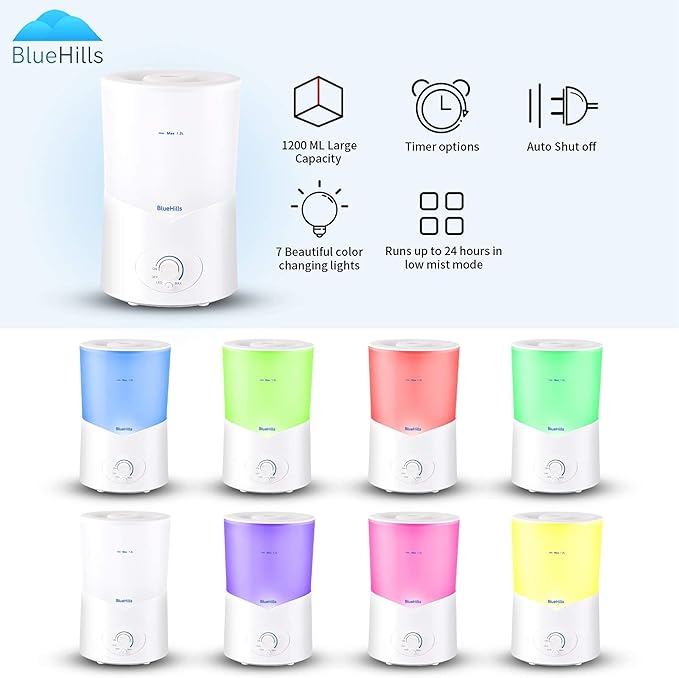 BlueHills Large 1000 ML XL Essential Oil Diffuser White Aromatherapy Humidifier 1 Liter Capacity for Big Living Area Baby Room Home Long Run Huge Coverage Area High Mist Large Size 1L A1