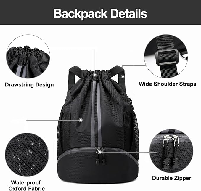 Hoedia Sports Drawstring Backpack - String Swim Gym Bag with Shoes Compartment and Wet Proof Pocket for Women and Men