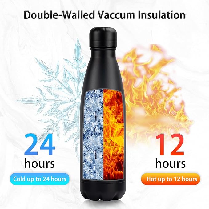 Insulated Water Bottle, 2 Pack-17oz Stainless Steel Water Bottles with straw lid, Metal Sports Water Bottles for Boys,Girls, Double Wall Vacuum BPA-Free Flask for School,Sports & Travel-Black