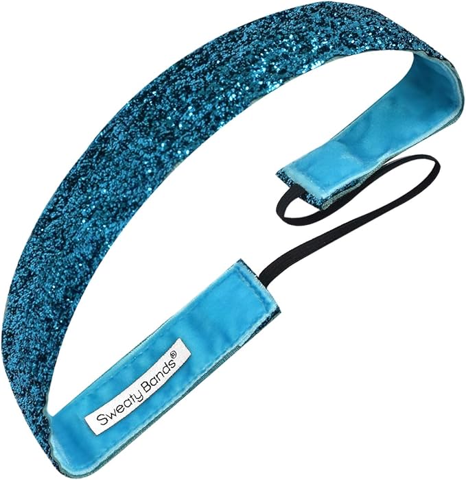 Sweaty Bands Womens Girls Headband - Non-Slip Velvet-Lined Fitness Sparkle Hairband - Viva Diva Turquoise 1-Inch