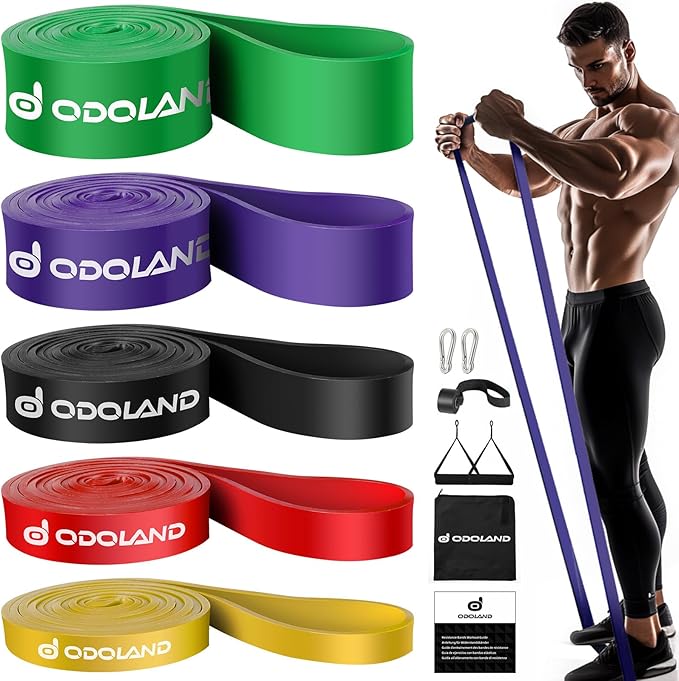 Odoland 5 Packs Pull Up Assist Bands, Pull Up Straps, Resistance Bands with Door Anchor and Handles, Stretch Mobility, Powerlifting and Extra Durable Exercise Bands with eGuide