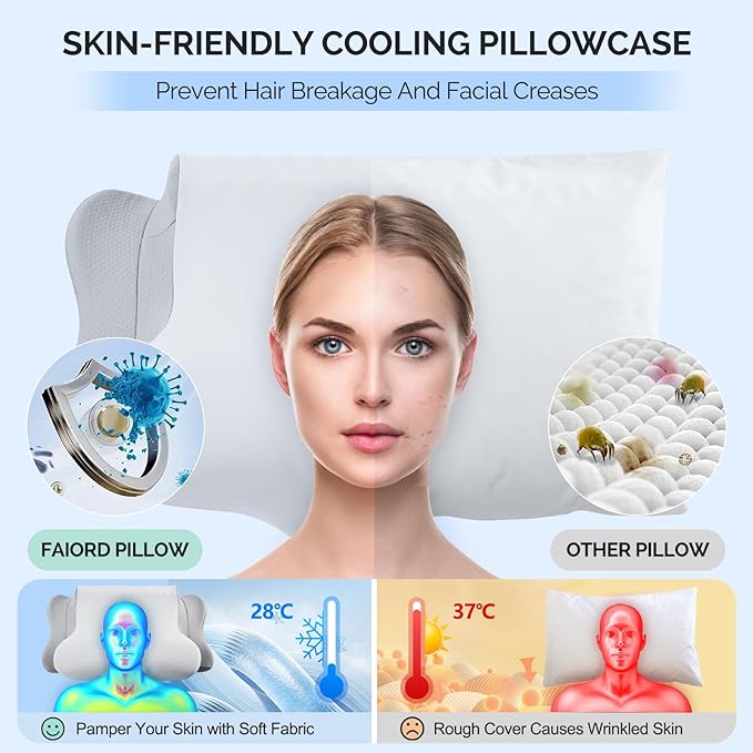Cervical Pillow for Neck Pain Relief - Cooling Ergonomic Dual-Sided Orthopedic Neck Pillow with Ice Silk Pillowcase, Breathable Memory Foam Contour Pillow for Side, Back, Stomach Sleepers