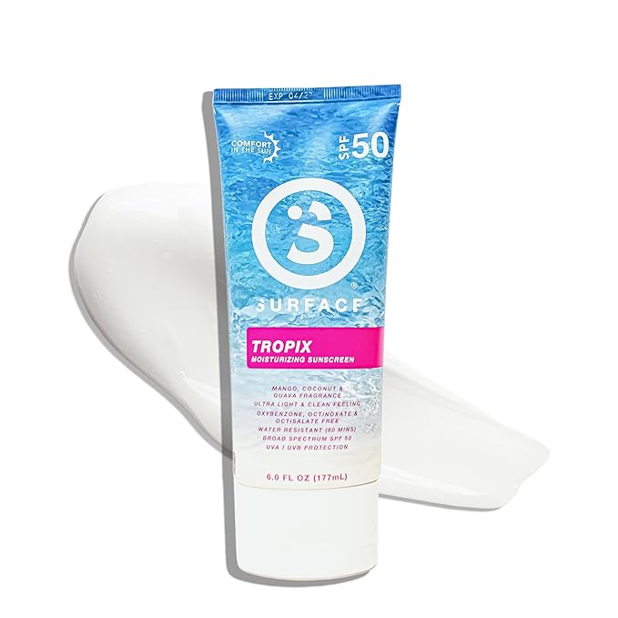 Surface Sunscreen Lotion SPF 50 for Face & Body, Lightweight Natural Formula, Reef Friendly, Broad Spectrum UVA UVB Protection, Water Resistant Sun Care for 80 Minutes Outdoor Use, Tropical Scent, 6oz