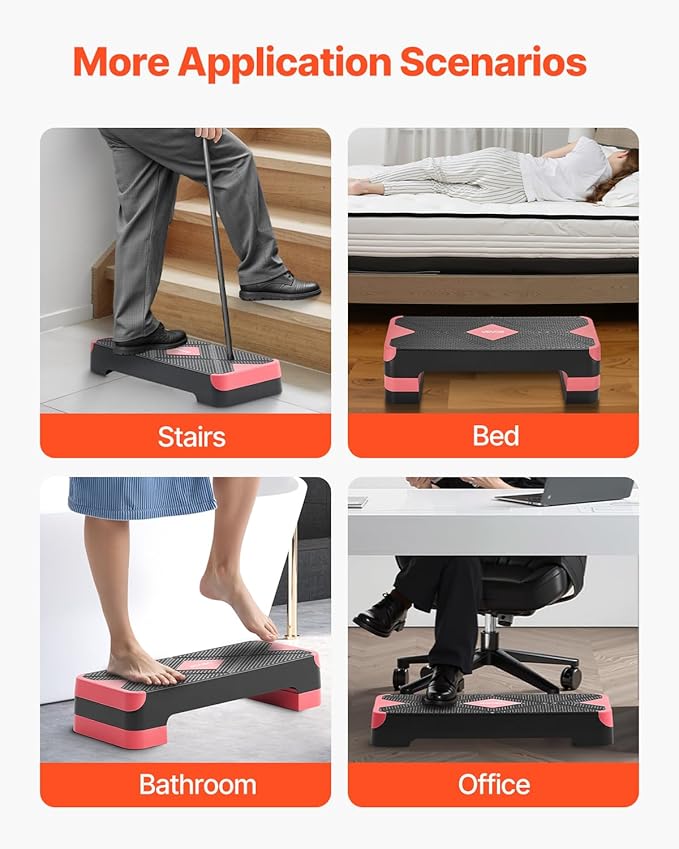 VEVOR Aerobic Exercise Step Platform, 28-Inch Workout Aerobic Stepper, Height Adjustable Fitness Training Step Deck Trainer with 4 Risers, Non-Slip Surface Bench for Home Gym Cardio Strength