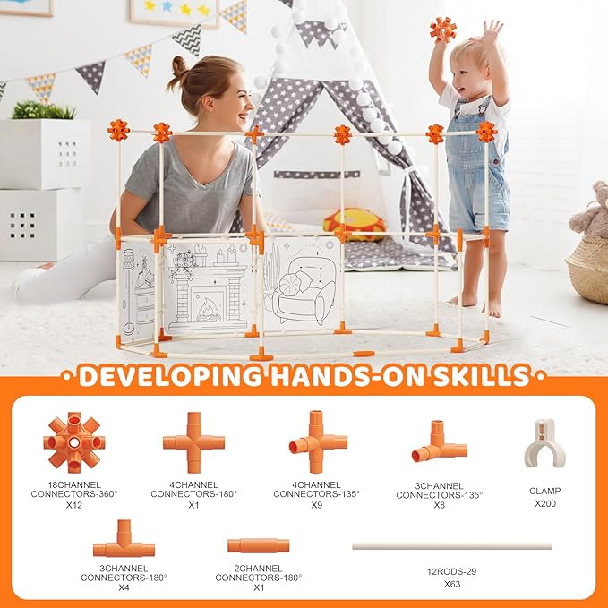 Interactive Kids Doodle Tent, Decorate and Personalize a Cardboard Fort, 328 Pieces Buildable Kids Play Tent, for 3+ Years Old Boys and Girls STEM Building