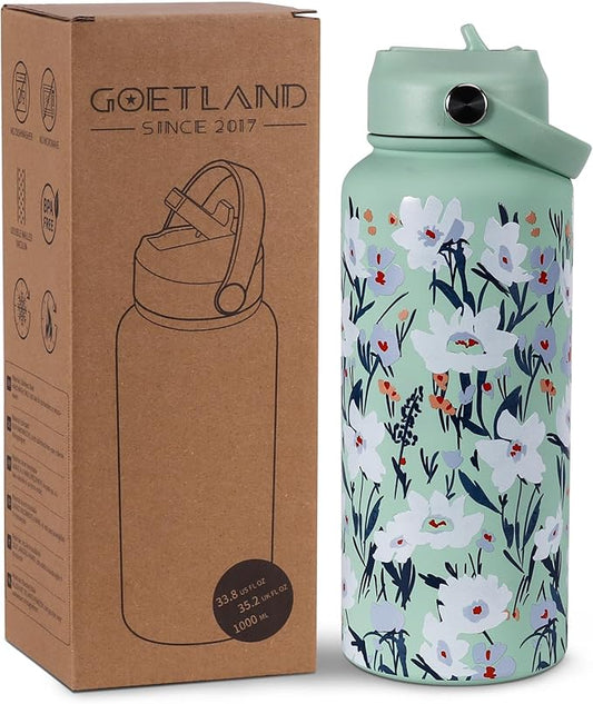 Goetland Flowers Water Bottle Beverage Bottle with Straw Lid 32 oz Stainless Steel Wide Mouth Vacuum Insulated Cute UV Printing Leak Proof For Women Girls Kids Light Green