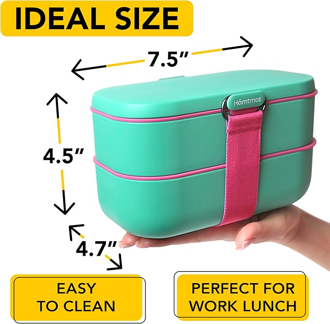 Insulated Stackable Bento Box for Adults with Reusable Chopsticks Japanese Lunch Box Microwavable & Leak Proof Lunch Containers for Men & Women Modern Cute Food Container with Compartments (Turquoise)