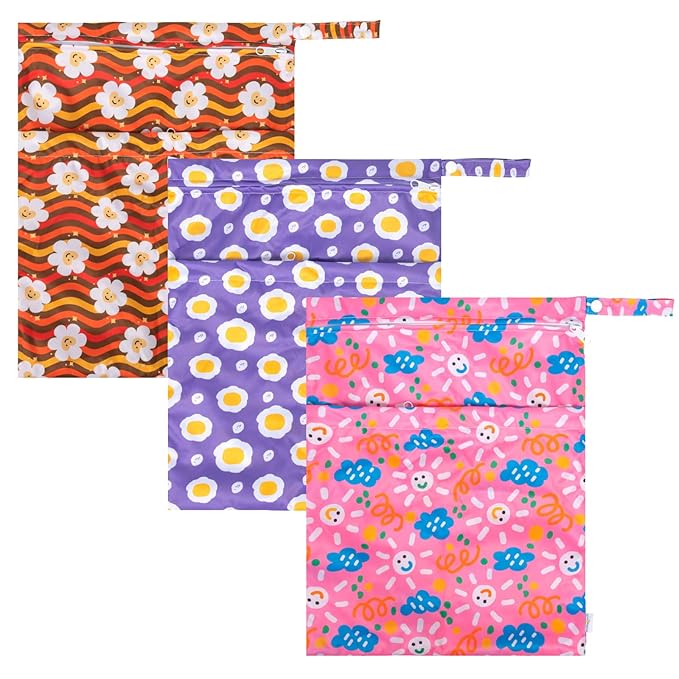 babygoal Wet Dry Bags for Baby Cloth Diapers, Washable Travel Bags, Beach, Pool, Gym Bag for Swimsuits & Wet Clothes with Two Zippered Pockets 3 Pack 3LN07