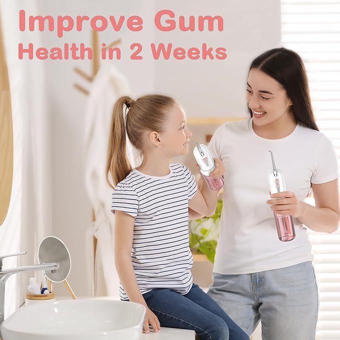 Water Dental Flosser for Teeth Cleaning and Flossing with Travel Size Case – Rechargeable Oral Irrigator, KOOVON Portable Water Flosser for Adults, IPX7 Waterproof, 5 Jet Tips & 4 Modes, Pink