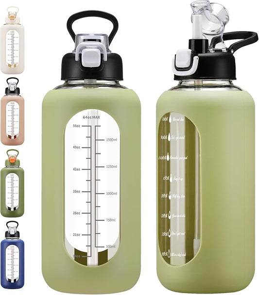 64 oz Glass Water Bolttles with Straw Half Gallon Large Motivational Water Bottle with Time Marker Sports Water Bottles with Silicone Sleeve and Handle Lid Water Jug for Gym Workout