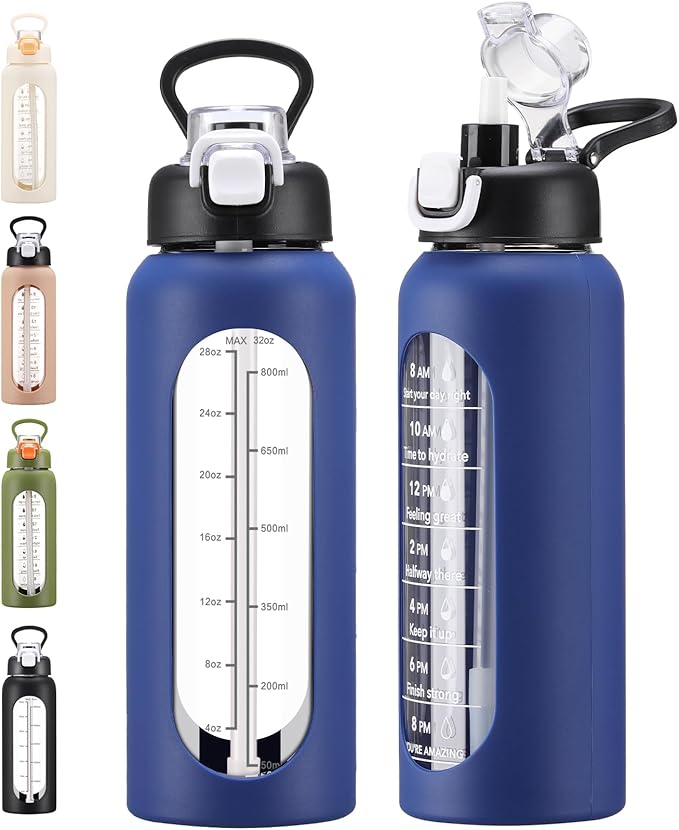 32 oz Glass Water Bolttles with Straw Large Motivational Water Bottle with Time Marker Sports Water Bottles with Silicone Sleeve and Handle Lid Water Jug for Gym Workout