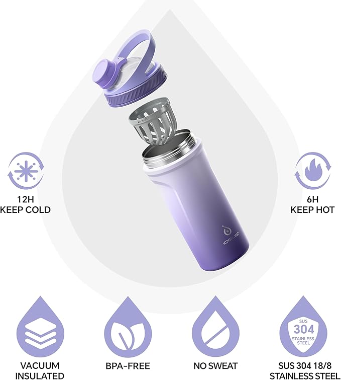 Ideus Protein Shaker Bottle 24oz(710ml) Insulated Stainless Steel Shaker Bottle with Silent Tritan Ball Portable Pre Workout Shaker Cups for Protein Shakes, Smoothies, Cocktails, Purple
