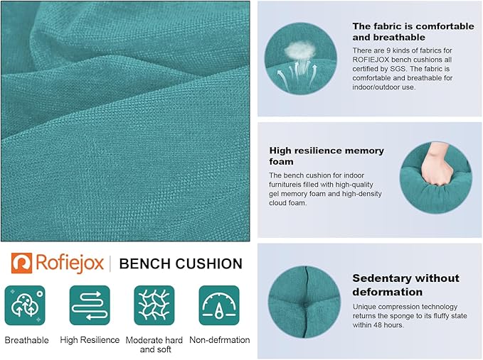 Bench Cushion 42 Inch - Chenille Fabric, High-Density Foam, Non-Slip Bottom, Soft Durable Indoor Tufted Long Seat Cushion for Window Garden Furniture (Teal, 42x16x4 Inch)