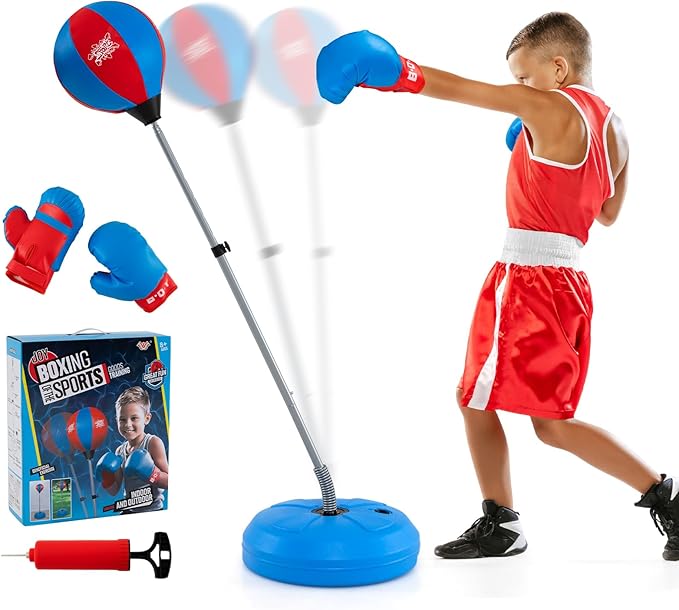 Goplus Punching Bag for Kids, Height Adjustable Kids Workout Equipment with Boxing Stand, Boxing Gloves, Inflator for Teens Adults Boys & Girls Aged 8+, Reflex Bag for Christmas Birthday