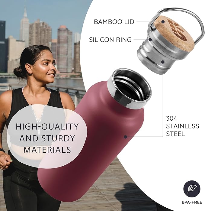 Bambaw Insulated Water Bottle 500ml, Red Water Bottle, Stainless Steel Water Bottle, Leakproof Water Bottle, Stainless Water Bottle, Water Bottle, Metal Flask, Steel Bottle – Red Berry