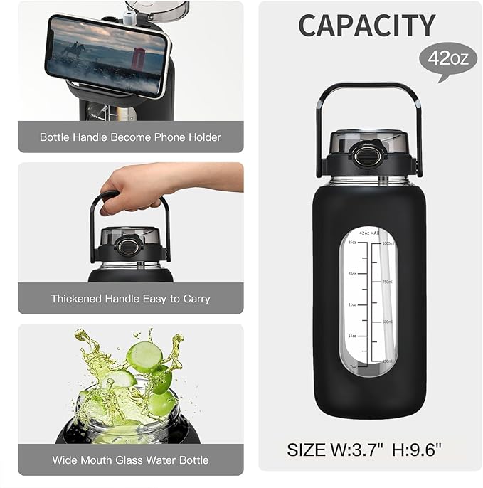 42oz/52oz/64oz Glass Water Bolttles with Straw Half Gallon Large Motivational Water Bottle with Time Marker Sports Water Bottles with Silicone Sleeve and Handle Lid Water Jug for Gym Workout