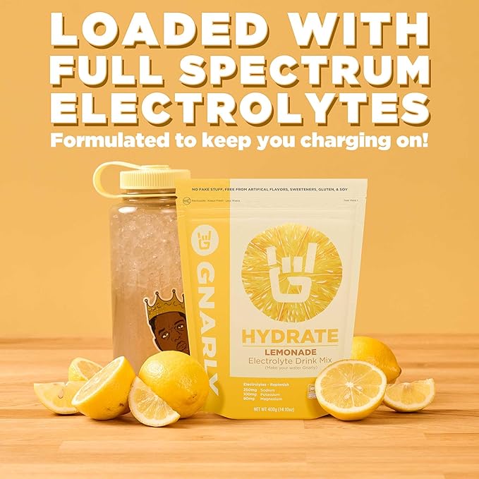 Gnarly Nutrition Hydrate Electrolyte Powder – Lemonade Exercise Hydration Drink Mix – NSF Contents Certified – Electrolyte Solution, Performance & Recovery – Lemonade, Box of 20 Stick Pack