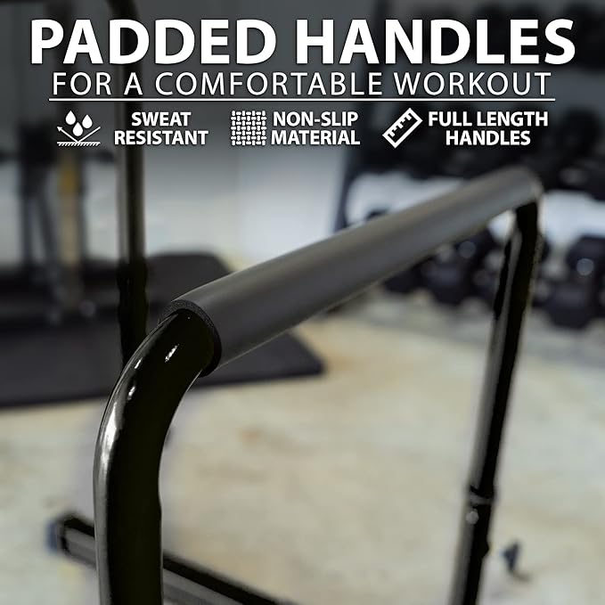 Synergee Dip Bar. Adjustable Dip Station from 30” – 39” for Dips, Inverted Pull Ups. Max capacity 400 lbs. Portable Dip Stand for Total Body Workout. Available in Yellow and Black.