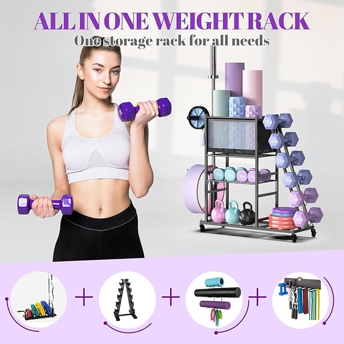 Mythinglogic Dumbbell Rack for Home Gym, Weight Rack for Dumbbells, Multifunctional Yoga Mat Holder for Barbell plates and Kettlebells, Home Gym Storage Rack with Casters