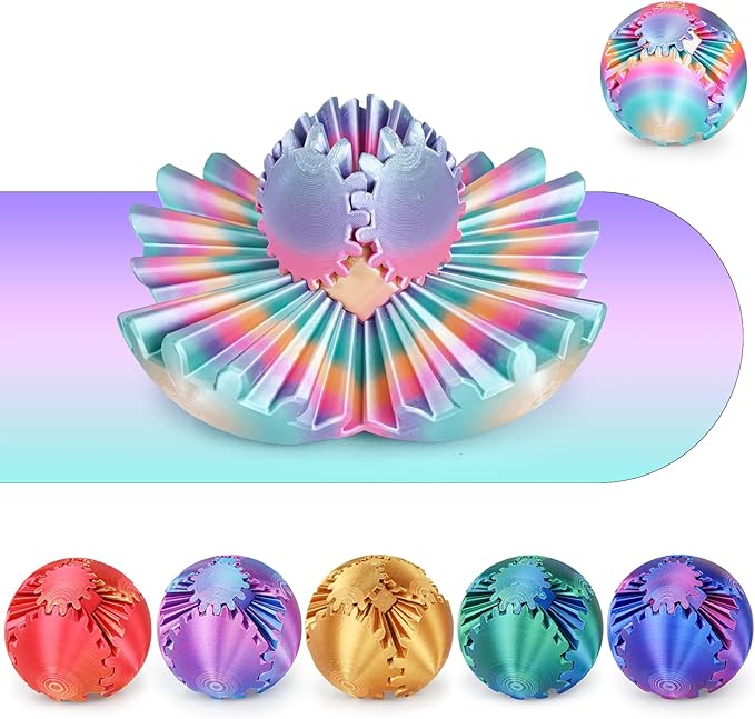 GearSphere 3D Printed Spin Ball or Cube Fidget Toy, Fidget Ball Gear Toy for Stress and Anxiety Relief, Desk Toy for Adults (Rainbow, 2.3 Inch)
