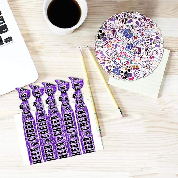 Cheerleading Drawstring Bag Set Including Drawstring Sackpack Stickers Lanyard Keychains Bracelets Hair Ties 6 Pcs(Purple)