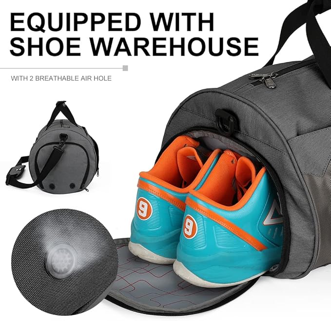 INOXTO Small Sports Gym Bag，Travel Duffel Bag with Dry Wet Pocket and Shoes Compartment for Women and Men，35L Waterproof Weekender Fitness bag For Swim Sports Travel Working Out (dark grey 2)