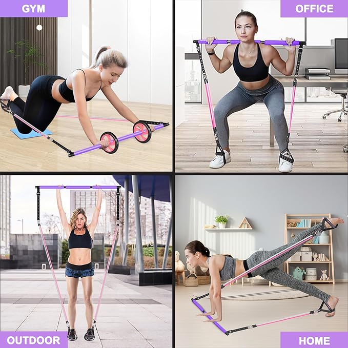 Pilates Bar Kit with Resistance Bands,Ab Roller,2 in 1 Foot Strap & Handle,Door Anchor Pilates Equipment with Resistance Bands, Portable Home Gym Yoga Fitness Bar for Women & Men