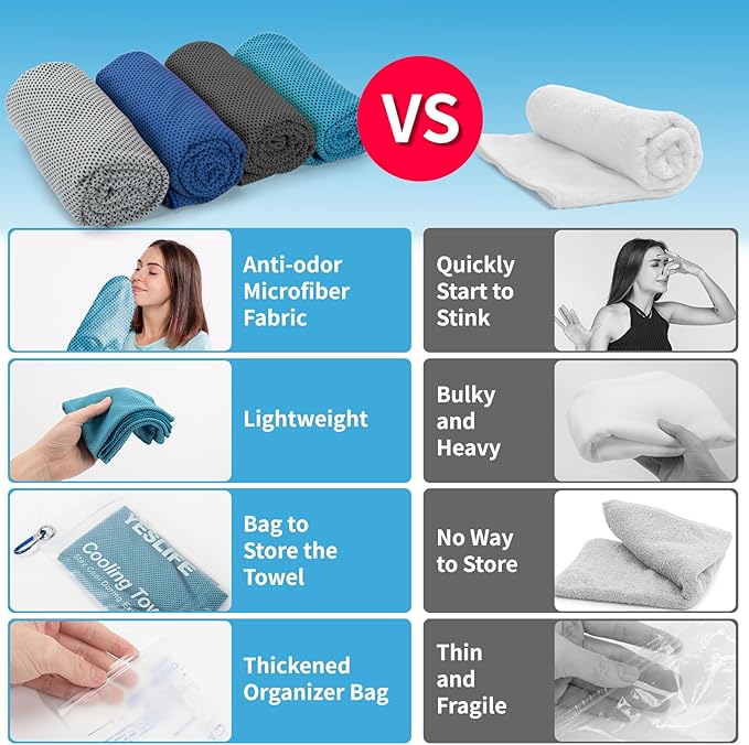 YESLIFE 4 Pack Cooling Towel 40"x12", Gym Towels for Men and Women, Soft Breathable Workout Towels for Yoga, Running, Sport, & More (Black, Dark Blue, Blue, Grey)