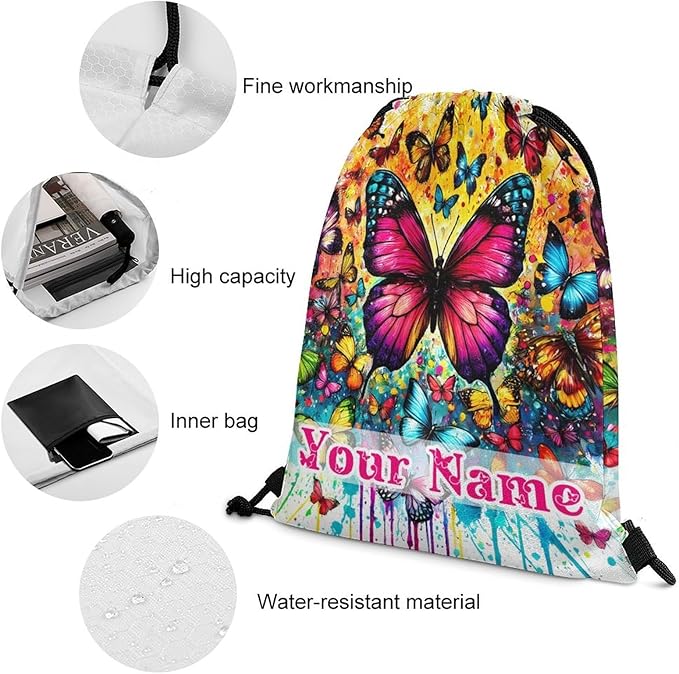 Custom Butterfly Drawstring Backpack - Cute Cinch Sack, String Backpacks for Kids Boys Girls Women Men for Gym Outdoor Sports Travel Athletic Drawstring Bag - Lightweight/Foldable