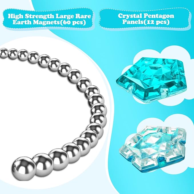 Magnetic Fidget Sphere - Pentagons Magnets Balls - 12 Piece Set - Crystal Bright Blue - Magnet Fidgets Toy - Creativity Beyond Imagination, Inspirational, Recreational, Desk Toys for Adults